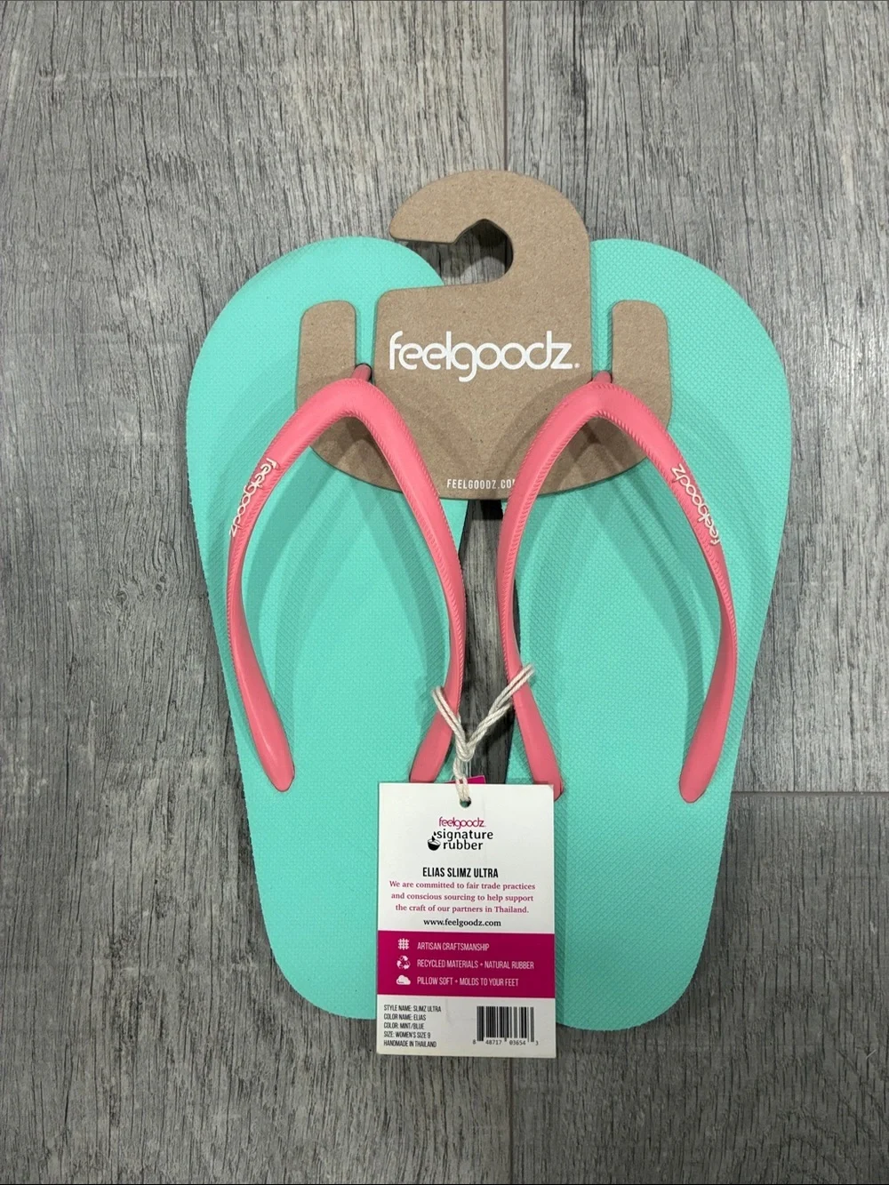 Feelgoodz Women’s Slimz Ultra Mint Blue& Pink Flip Flop Sandals Sz 9